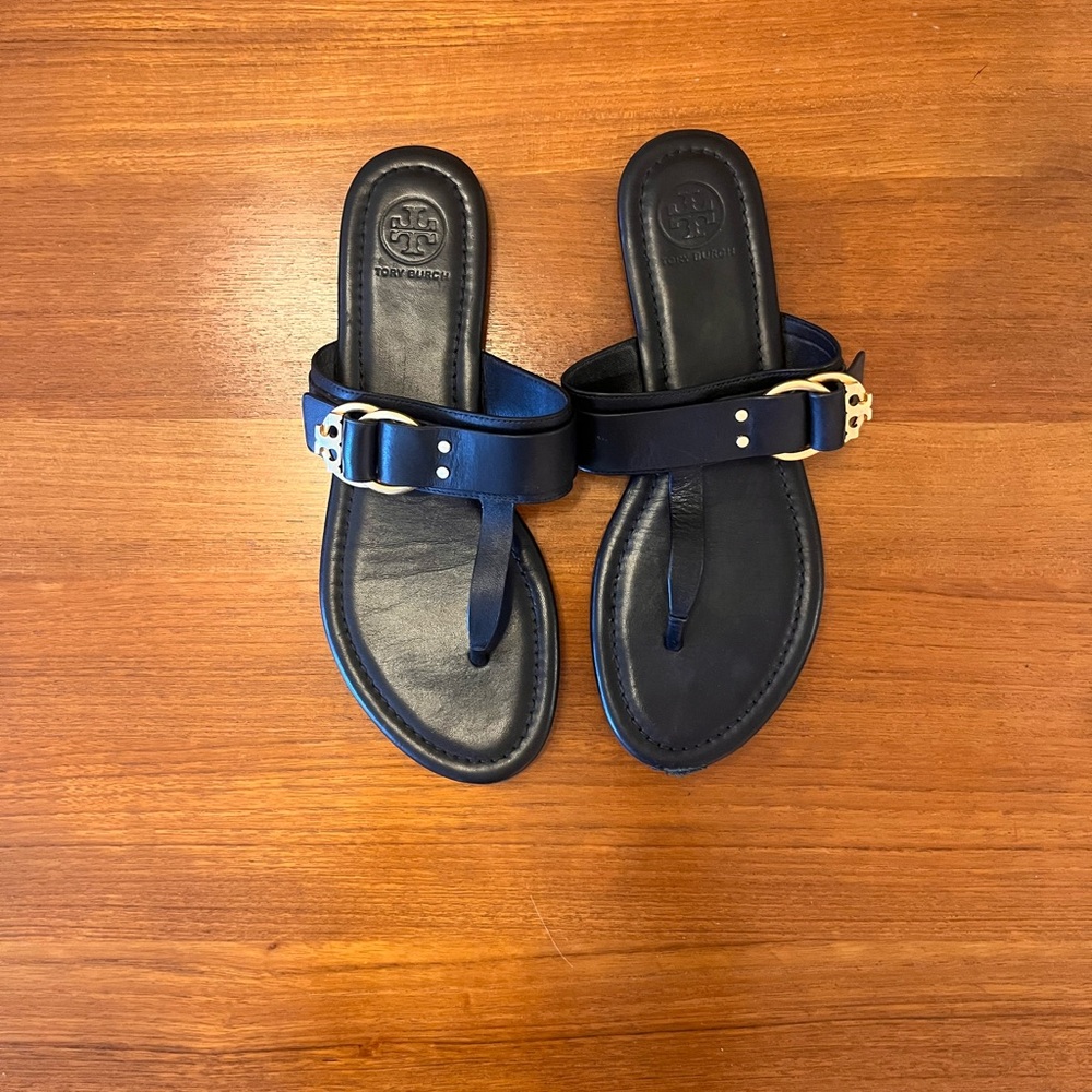 Tory Burch Black Leather Buckle Thong Sandals